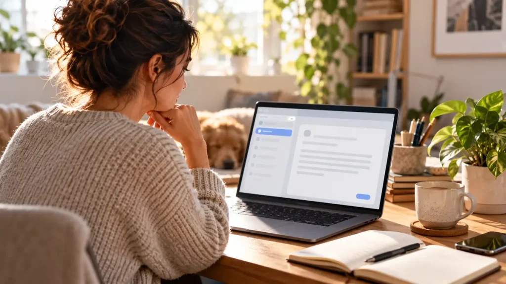Person revising an email with an AI assistant at a home desk
