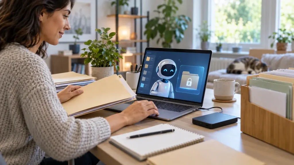 Person organizing personal files with an AI assistant and secure folders
