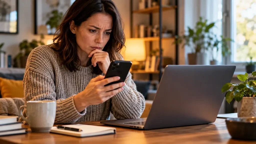 Person checking a suspicious online message before replying
