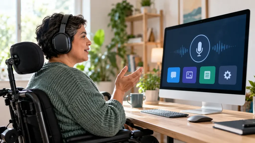 Adult using accessible AI technology with headphones and a clear screen