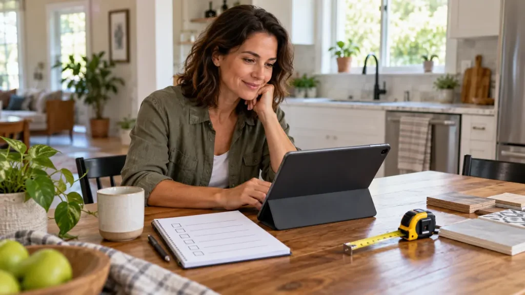 Homeowner using AI to plan routine home maintenance at a kitchen table