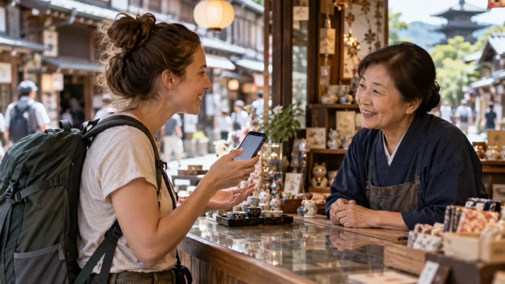Traveler using an AI translation tool during a friendly conversation