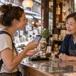 Traveler using an AI translation tool during a friendly conversation