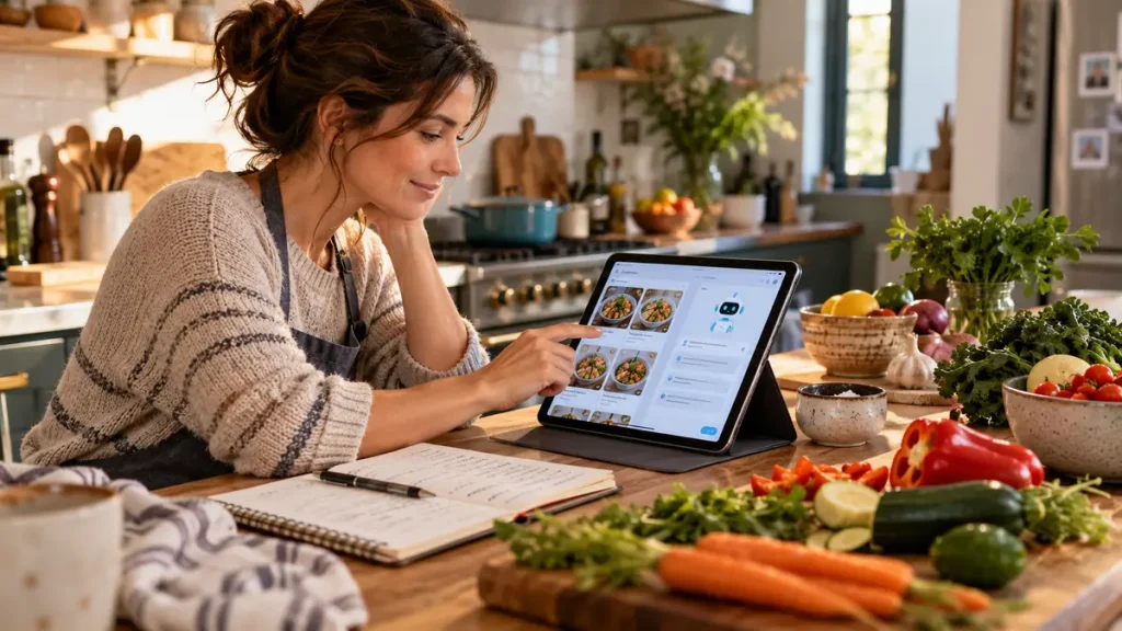 Home cook using an AI assistant to plan a meal in a warm kitchen