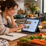 Home cook using an AI assistant to plan a meal in a warm kitchen