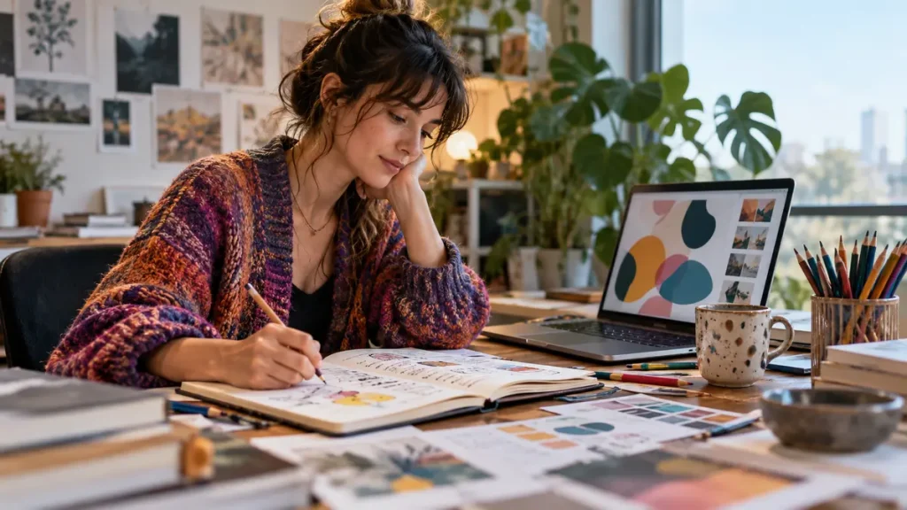 Creative person using AI alongside sketching and writing materials