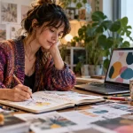 Creative person using AI alongside sketching and writing materials