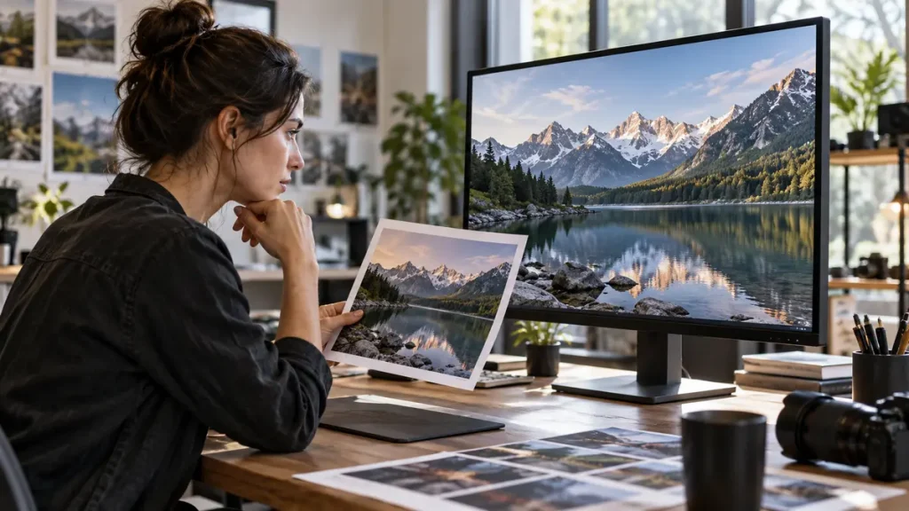 Person evaluating an AI-generated image against a printed reference