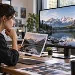 Person evaluating an AI-generated image against a printed reference