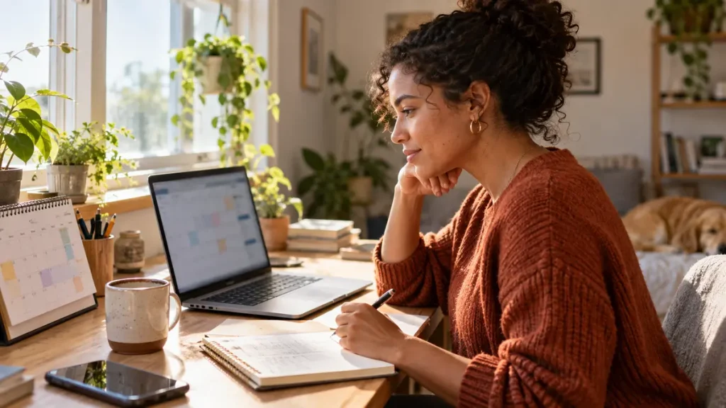 Person using a laptop and notebook to plan a week with AI support.
