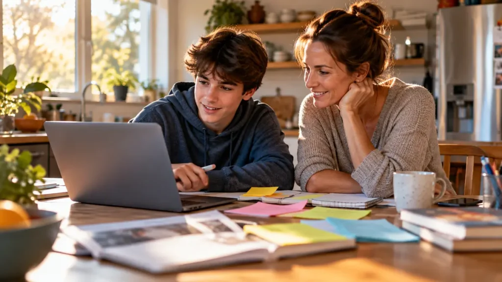 Parent and teenager using a laptop and paper notes for an AI-supported school project.