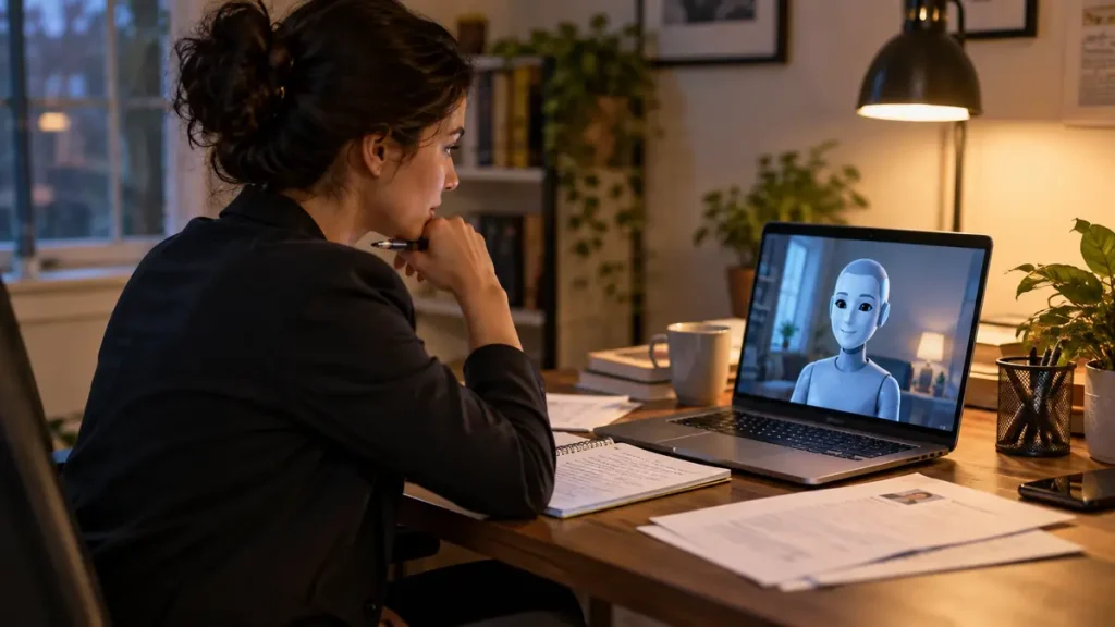 Professional preparing for an interview with a laptop and printed resume notes.