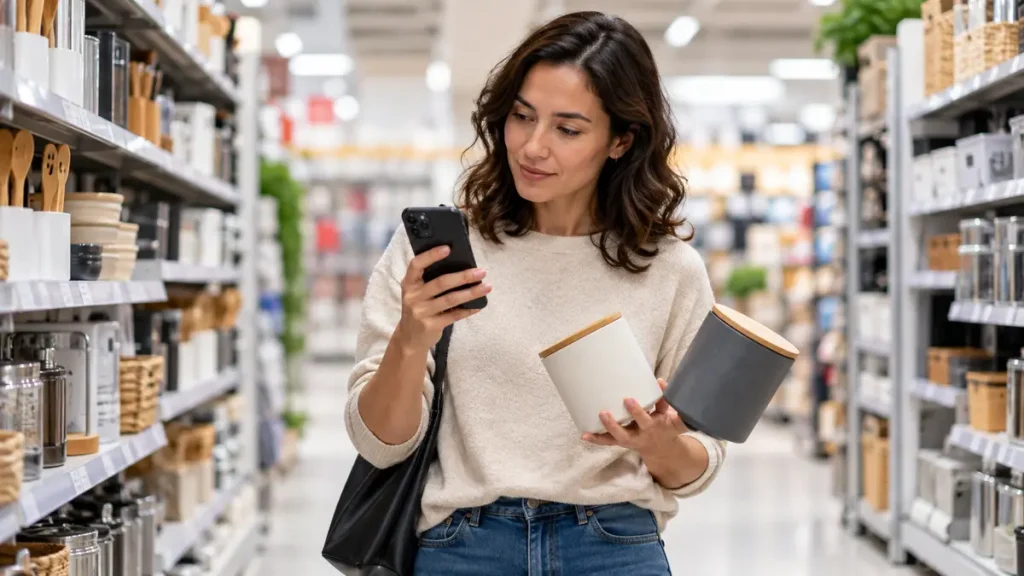Consumer comparing two unlabeled household items while using an AI assistant on a phone.