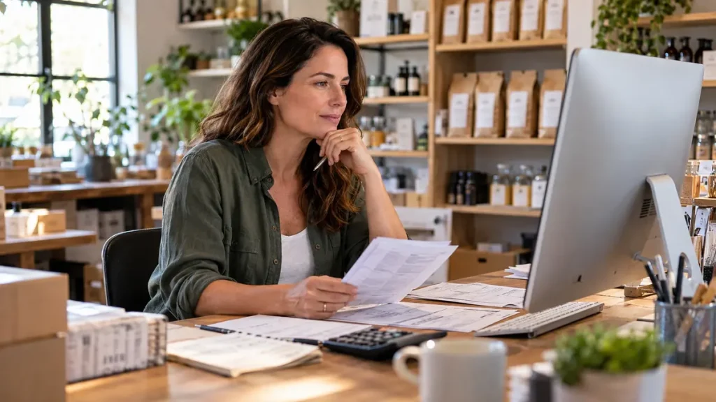 Small business owner reviewing work notes with an AI tool on a desktop computer.
