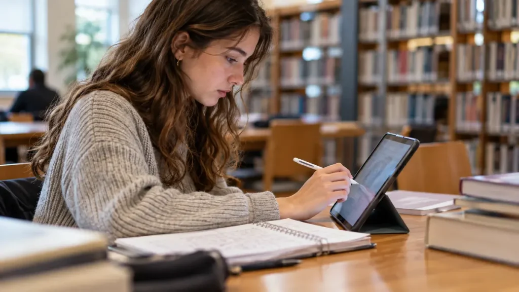 Student using a tablet and handwritten notes for AI-supported study.