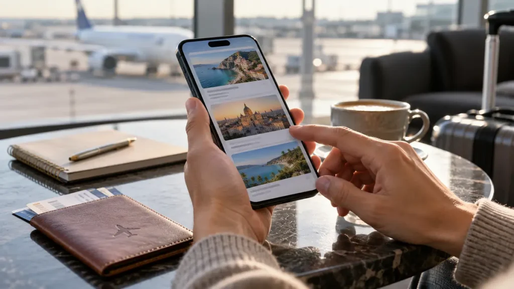 Hands using a phone for AI-assisted travel research beside a notebook and passport cover.